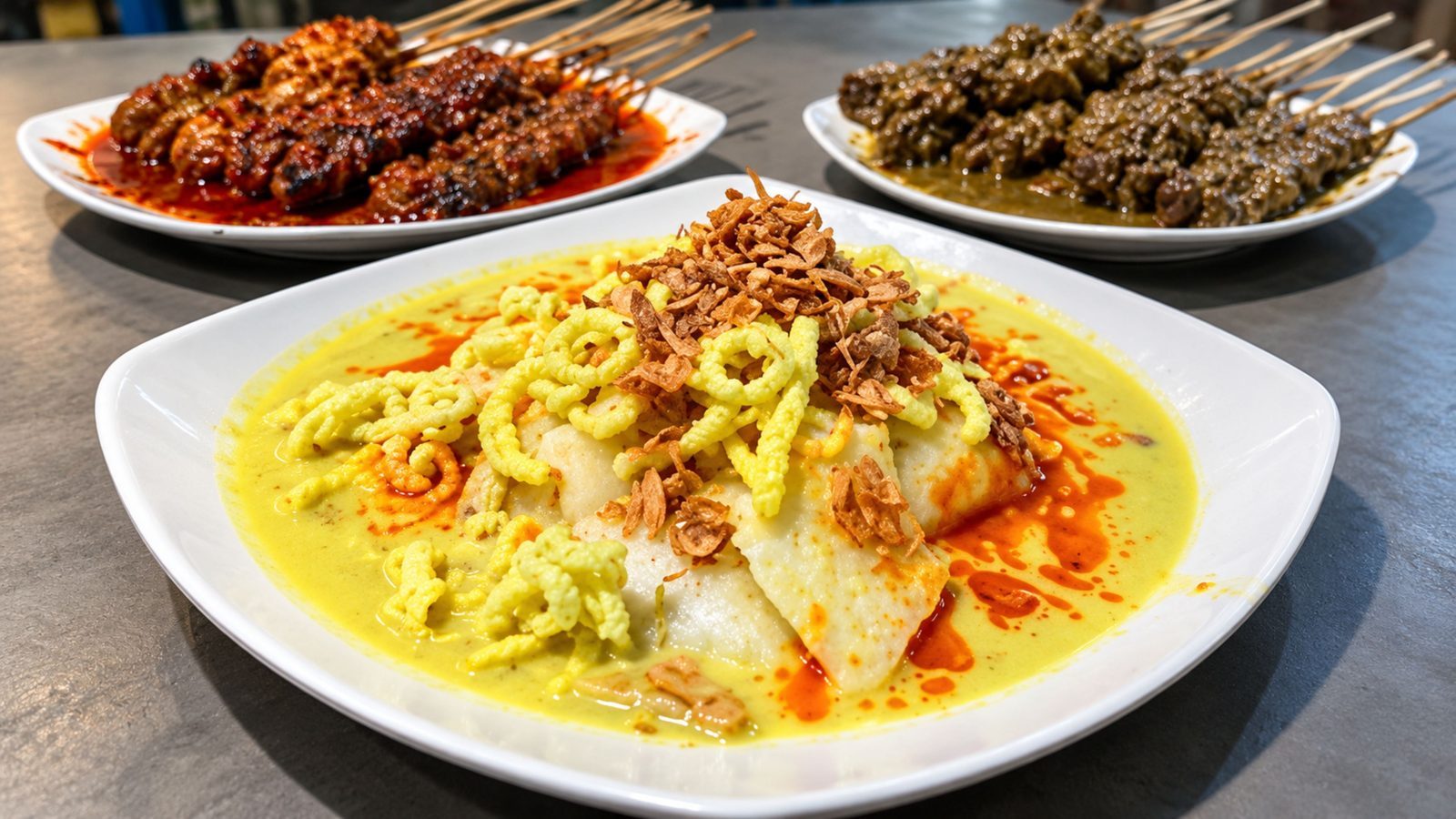 Sajian kupat glabed dengan sate sebagai pendamping