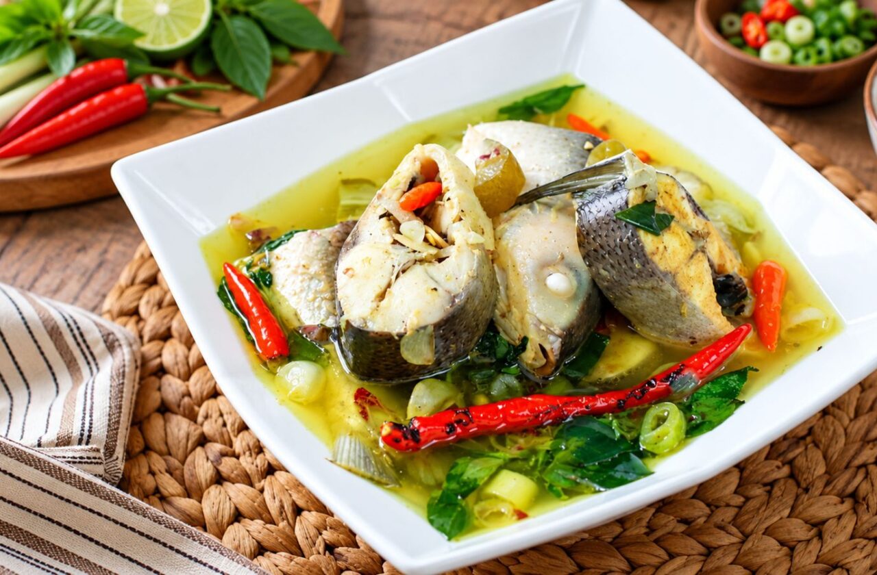 Ilustrasi pindang serani Jepara dengan potongan ikan, tomat, cabai, dan belimbing wuluh