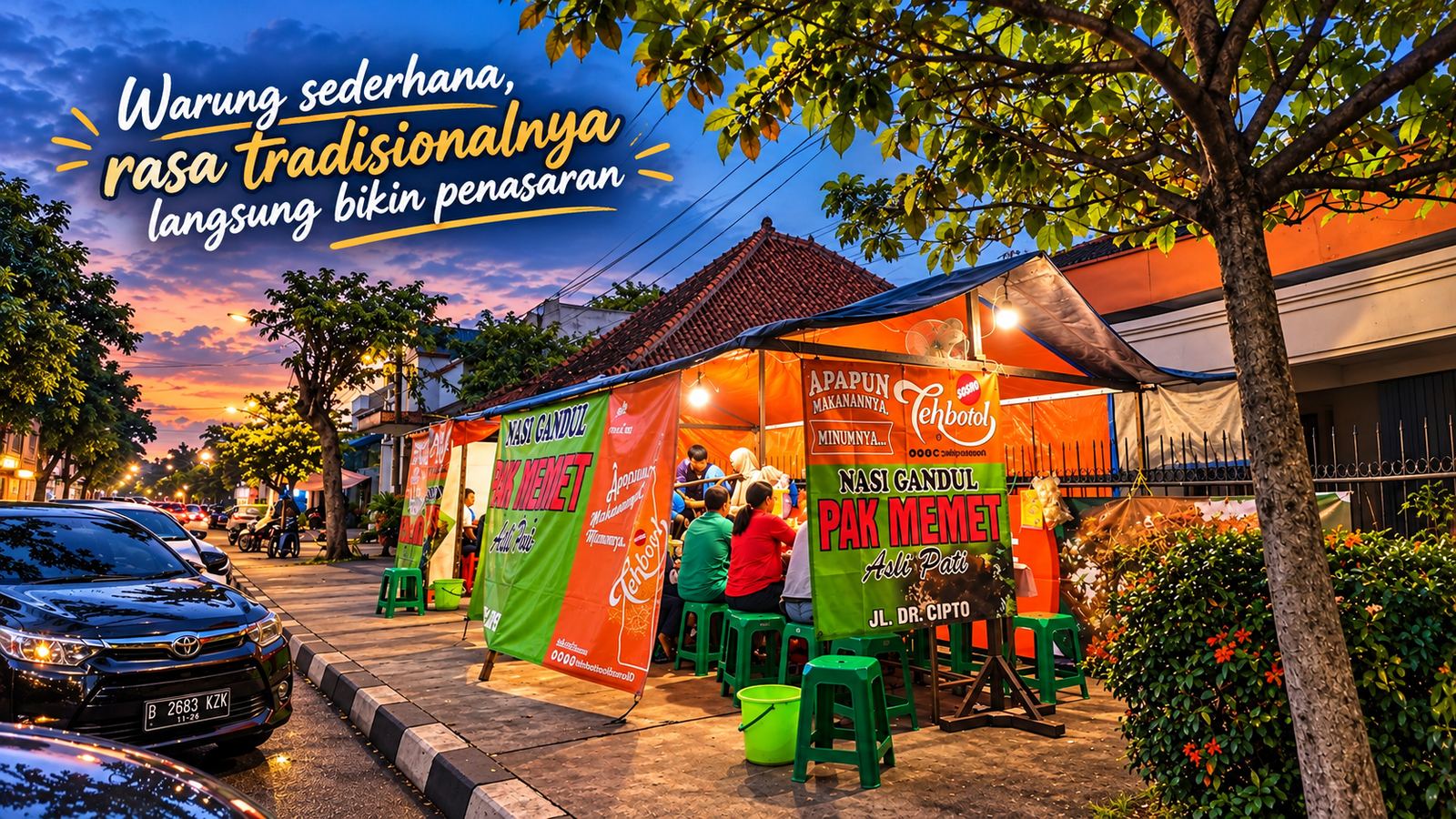 Ilustrasi warung tenda nasi gandul di pinggir jalan Semarang saat sore menjelang malam